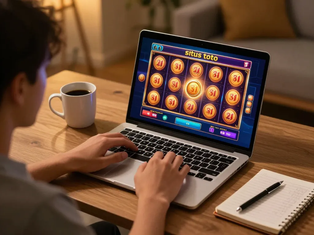 Memainkan permainan slot situs toto di laptop dalam pengaturan rumah yang nyaman dengan grafis yang cerah.