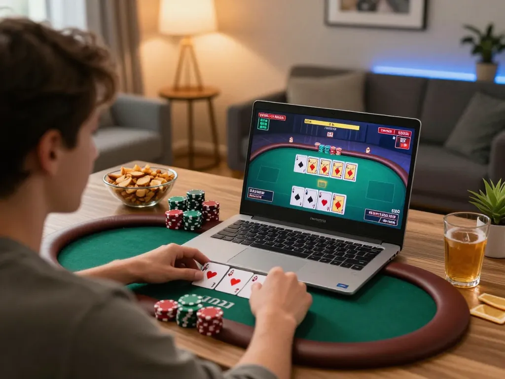 Engaging online poker gameplay on laptop, showcasing open88 by a player in a comfortable home setting