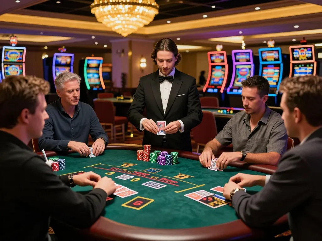 33win players engaging strategically around a bustling blackjack table in a glamorous casino atmosphere