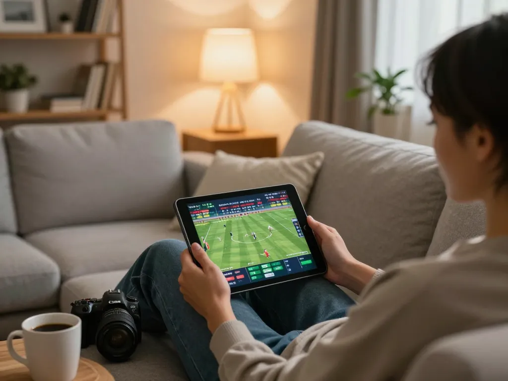 Person engaging in online sports betting on Xoilac platform with tablet in comfortable home setting