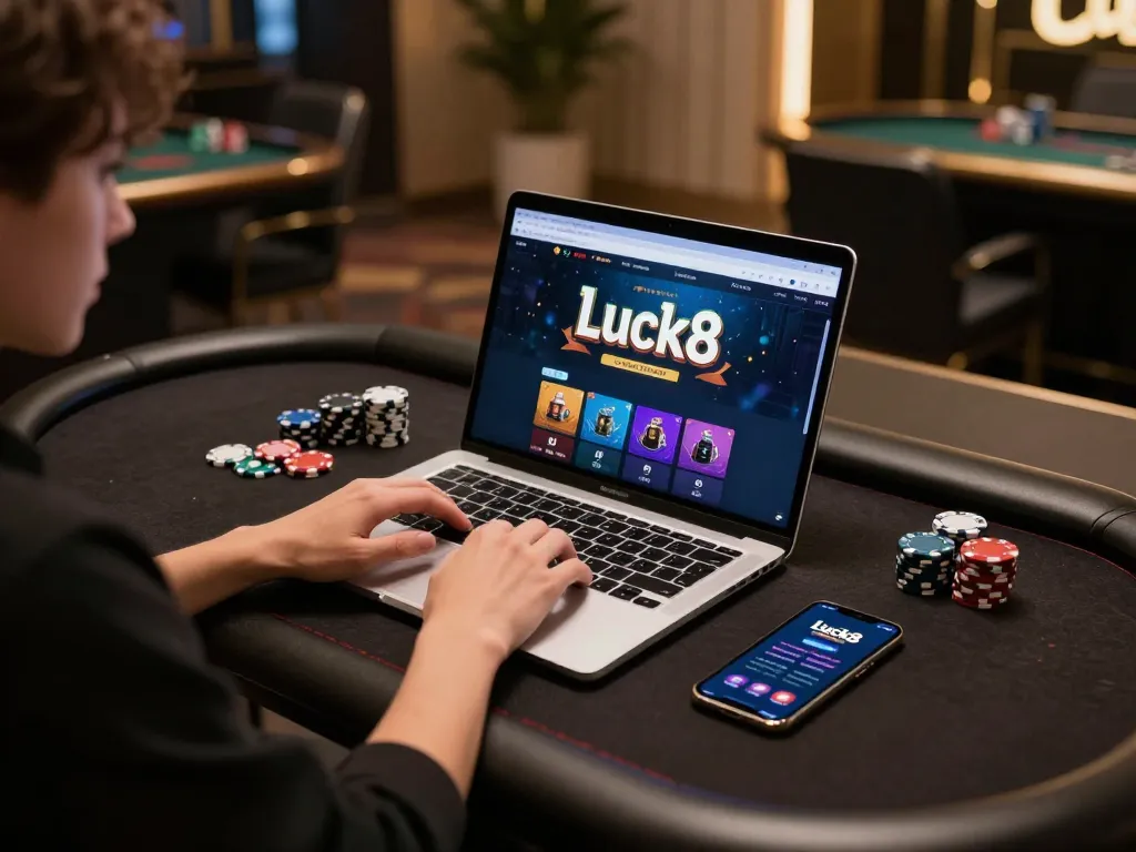 Engaging in Luck8 online gaming at home, featuring laptop and casino accessories for a strategic experience