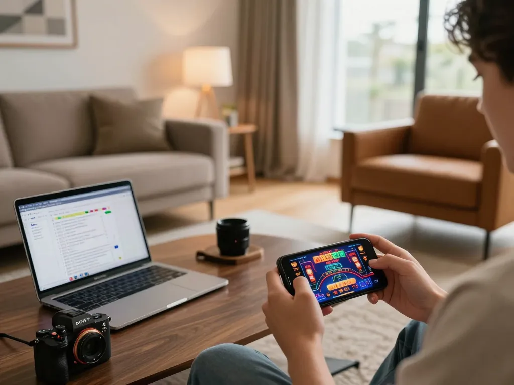 Person using smartphone for vmax betting, surrounded by strategy notes and a cozy room atmosphere