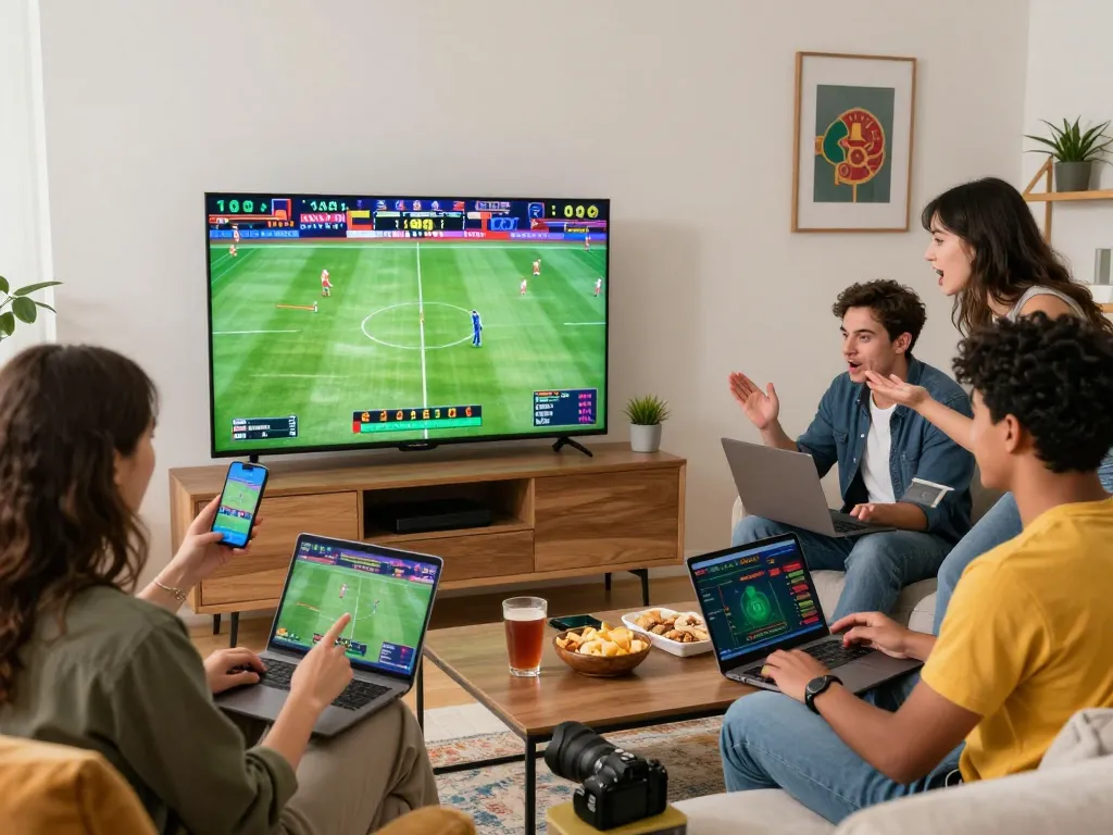 Exciting online gambling get-together showcasing friends engaged with betting on https://okwin68.net/, lively atmosphere with sports streaming and casino-themed decor.