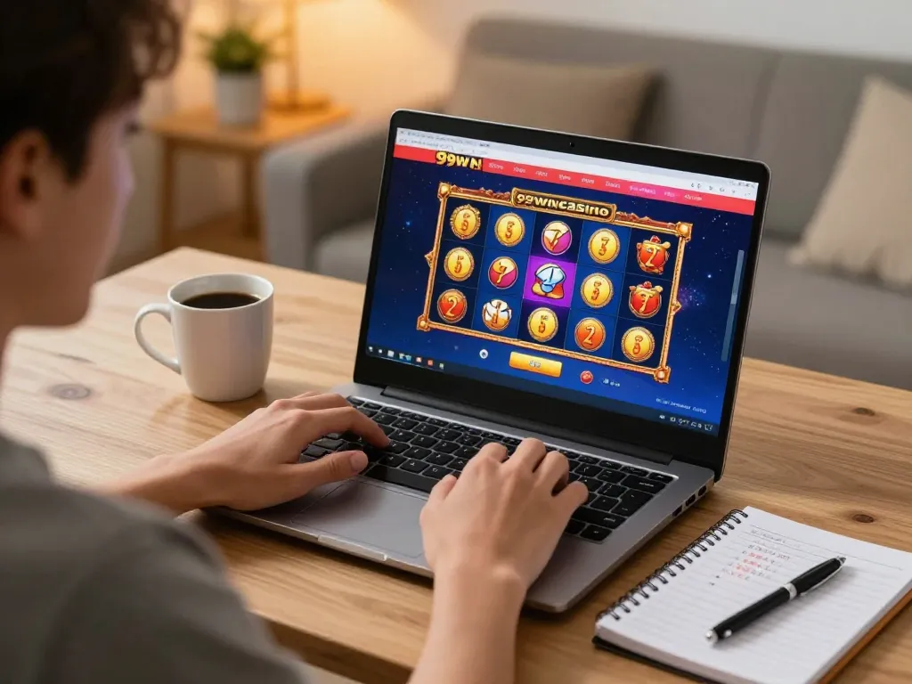 Player using 99wincasino on a laptop at home, highlighting online gaming excitement