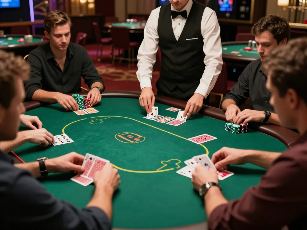Players strategizing at a BL555 poker table, showcasing dynamic gameplay and competitive atmosphere.