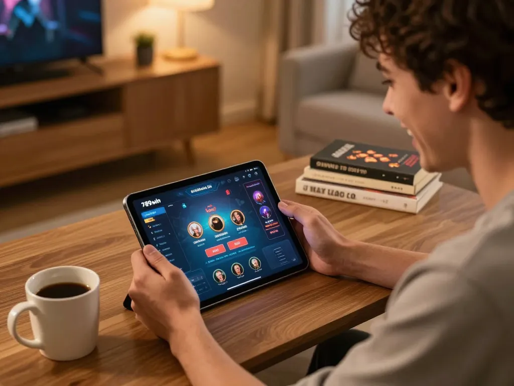 Player using a tablet for 789win đăng nhập in a cozy home gaming environment, showcasing excitement and concentration.
