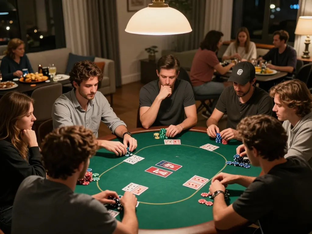 C168 poker players calculating bets and strategizing their gameplay during a friendly home game night