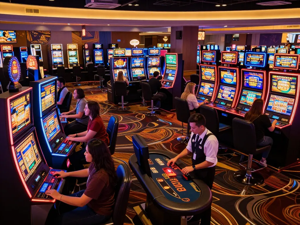 Players enjoying exciting slot machines at ALO8 casino venue with colorful lights coming alive.