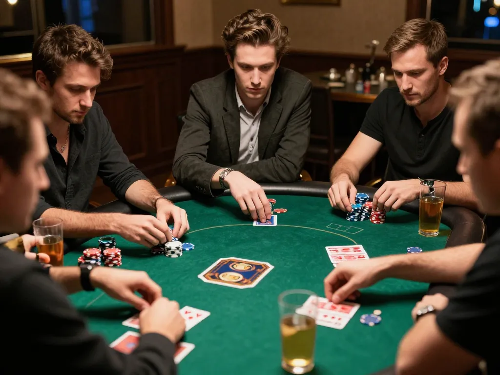 PH22 players engaging in intense poker strategy over green felt table with drinks around