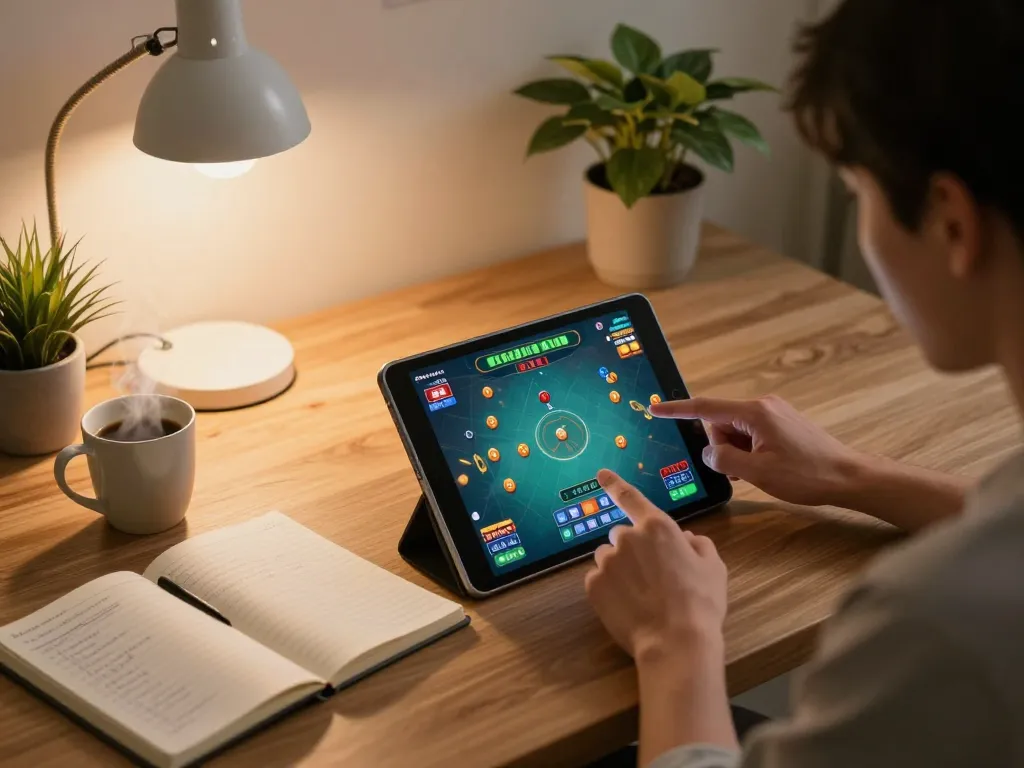 Player engaging in a thrilling game of tài xỉu md5 on a tablet during a cozy home gaming session
