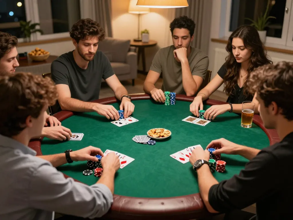 Engaging poker night scene at home showing friends enjoying gameplay with CM88 TRANG CHỦ strategy discussions.