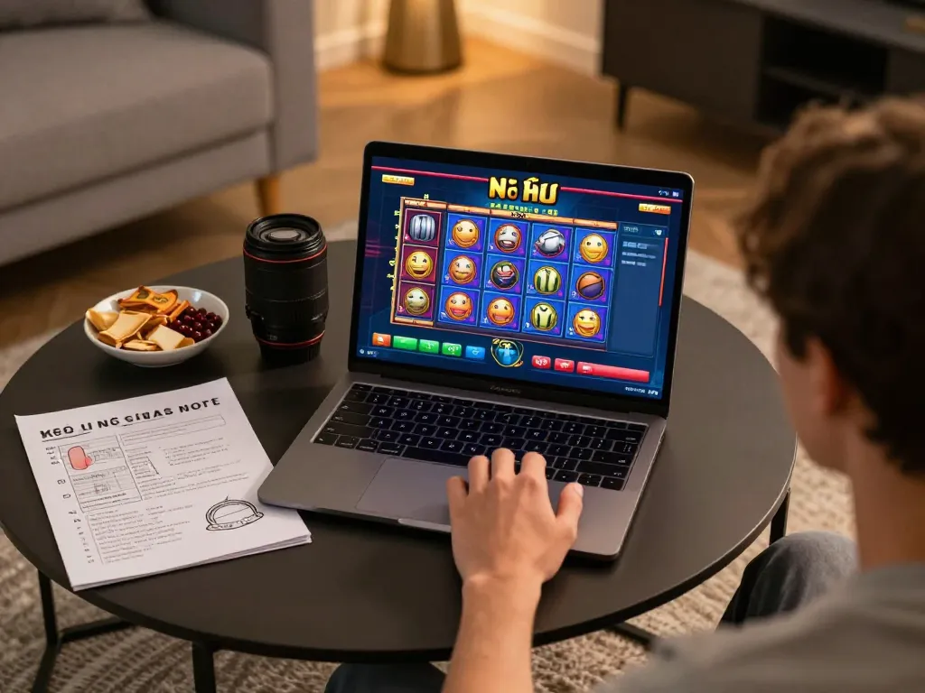 Nổ hũ gameplay on a laptop showcasing strategic betting notes and a cozy atmosphere.