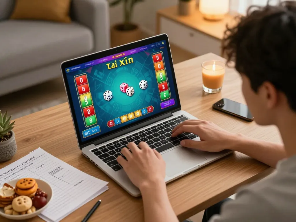 Engaging in tài xỉu online gameplay with a laptop in a cozy home setting, showcasing strategic betting.