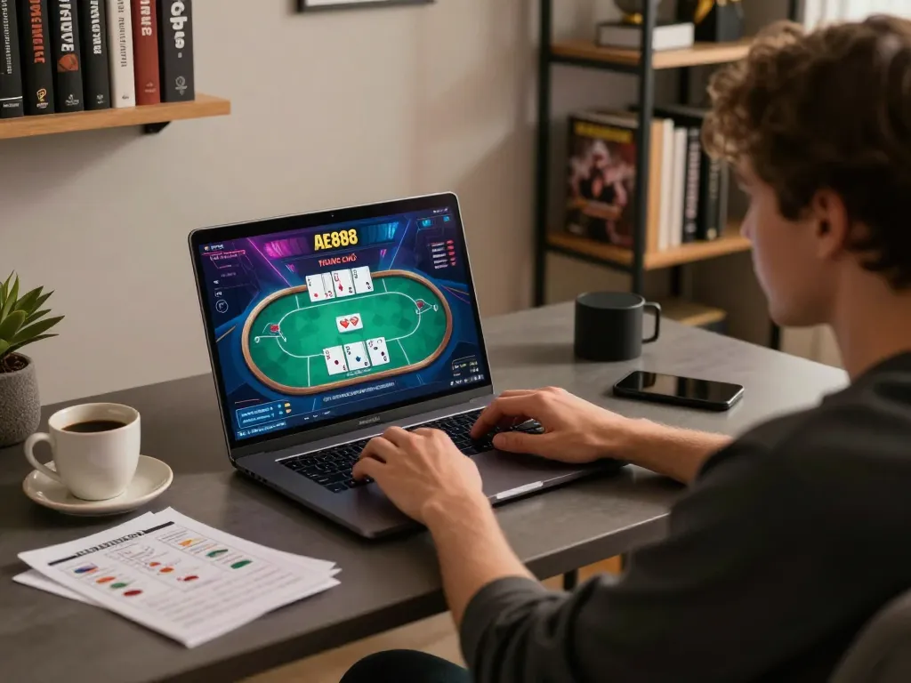 Engaging with AE888 TRANG CHỦ on a laptop at home, showcasing a relaxed online gambling context