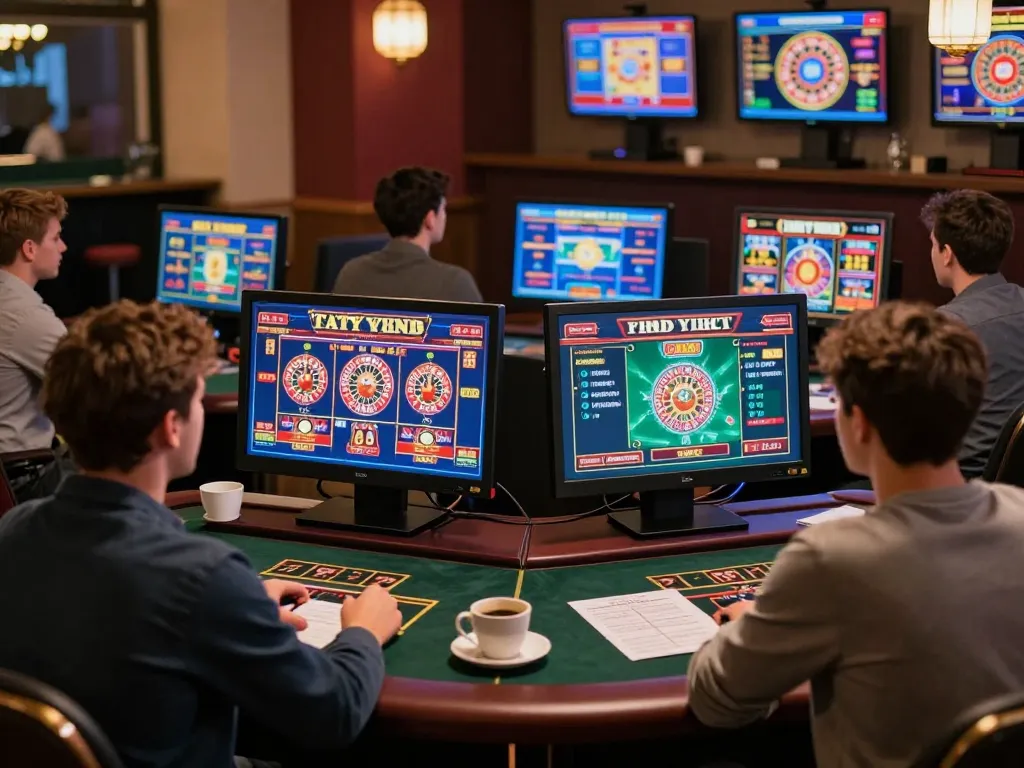 Vipwin players enjoying online casino gaming with vibrant screens and strategy notes.