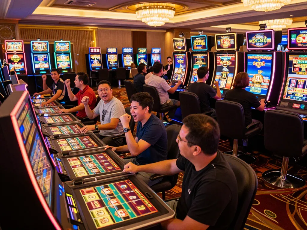 Players enjoying thrilling slot machines experience at SC88 casino, capturing excitement and dynamic gameplay atmosphere