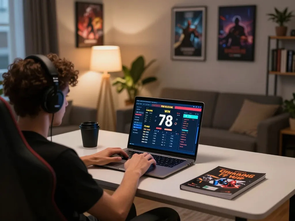 Person engaged in 78 win online betting at a cozy home desk, highlighting strategy and comfort