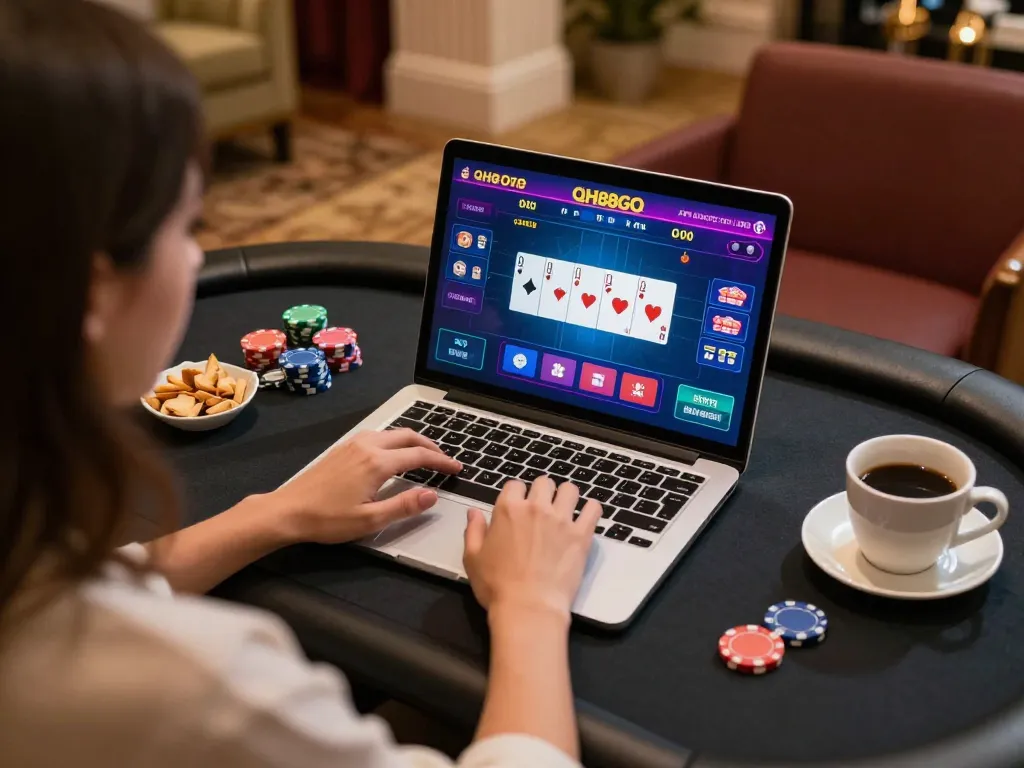 Player enjoys an engaging QH88GO poker game on a laptop in a cozy home setting.