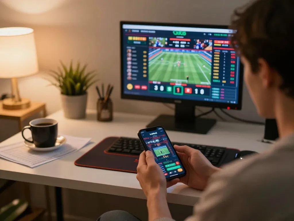 Engaging in luck8 sports betting on smartphone at a modern home office.