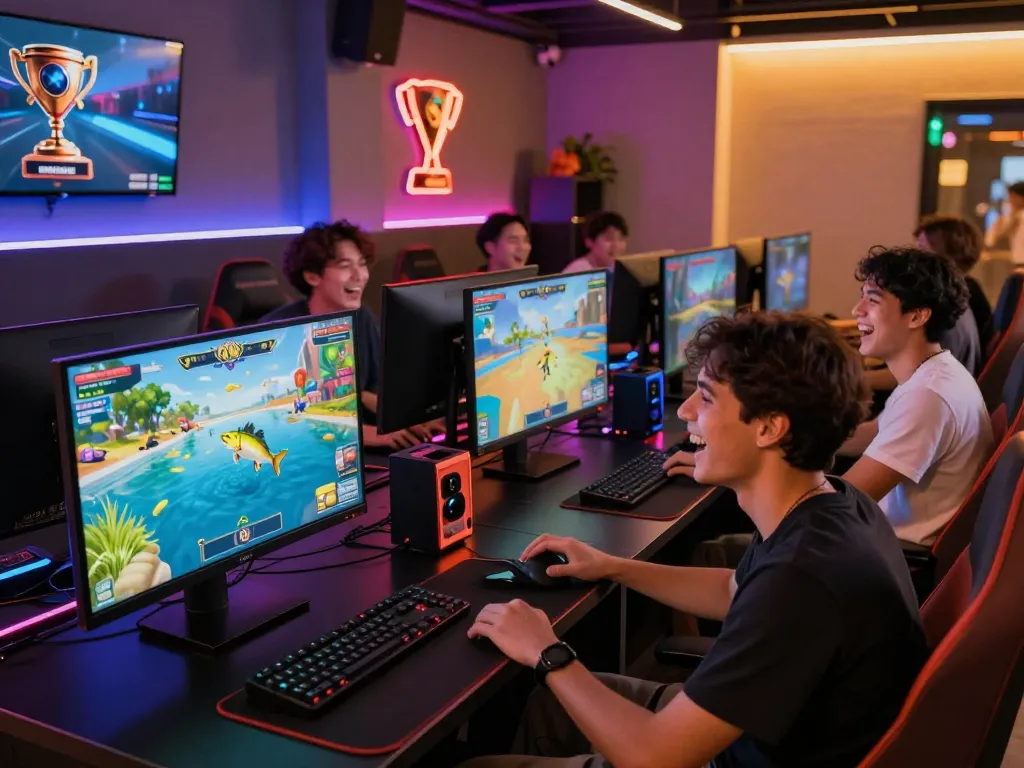 Exciting gaming atmosphere at fun79 with players enjoying fishing games and vibrant lights.