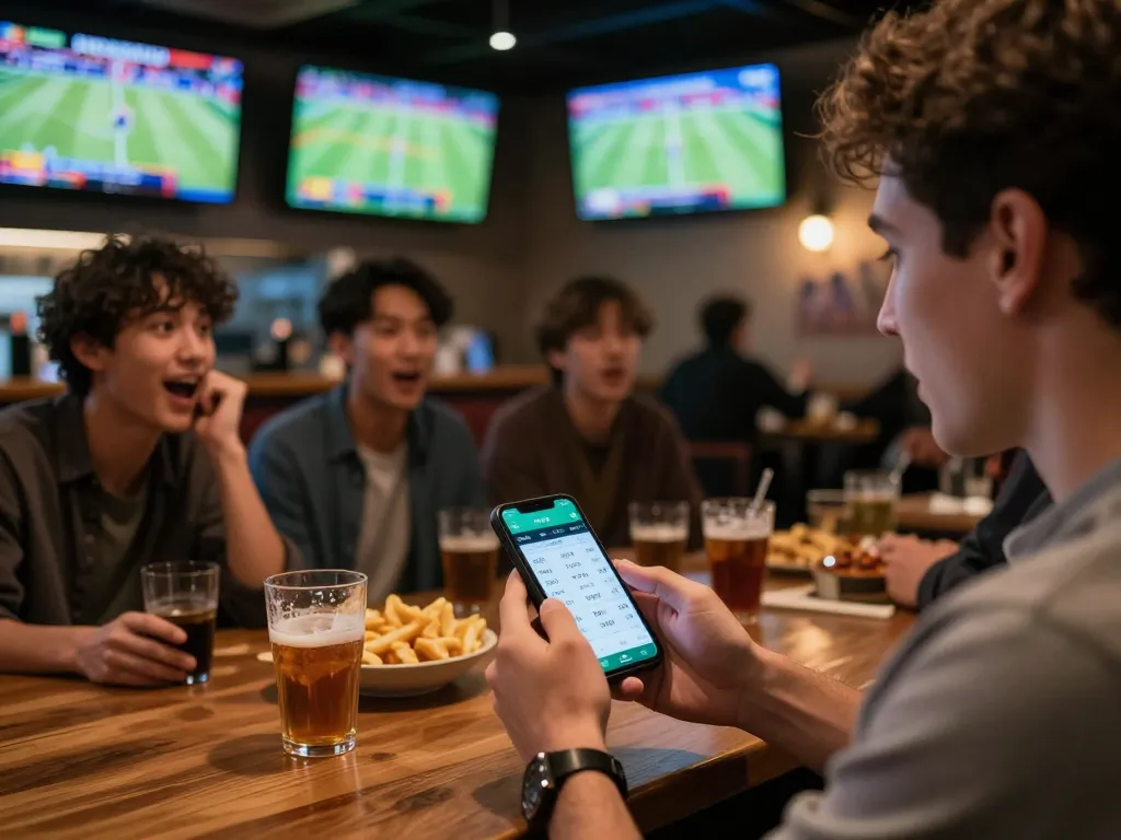 Alo789 betting enthusiast analyzing odds on smartphone in a lively sports bar setting.