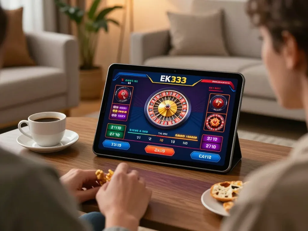 Player enjoying a live roulette game on the EK333 app in a modern home setting, highlighting strategic gameplay.