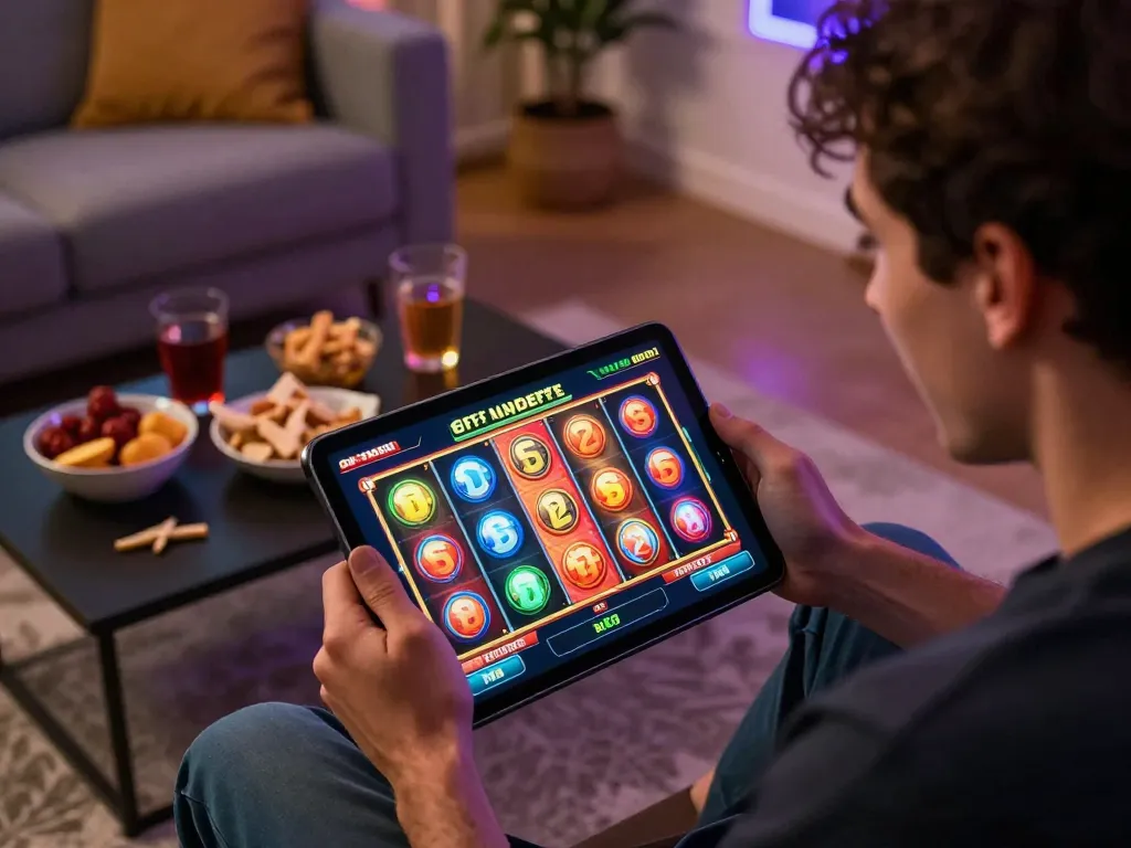 Player enjoying slots on 81FF platform, highlighting online gaming excitement and home comfort.