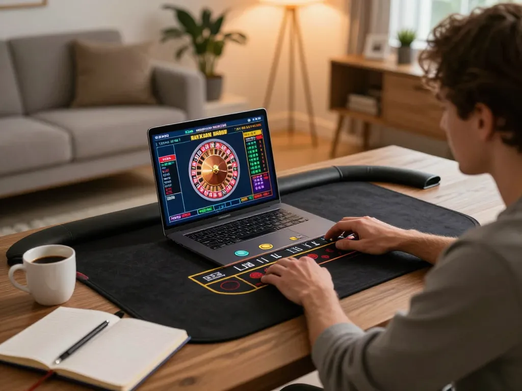 Player enjoying live roulette on kuwinfi in a cozy home gaming setup, showcasing strategy notes.