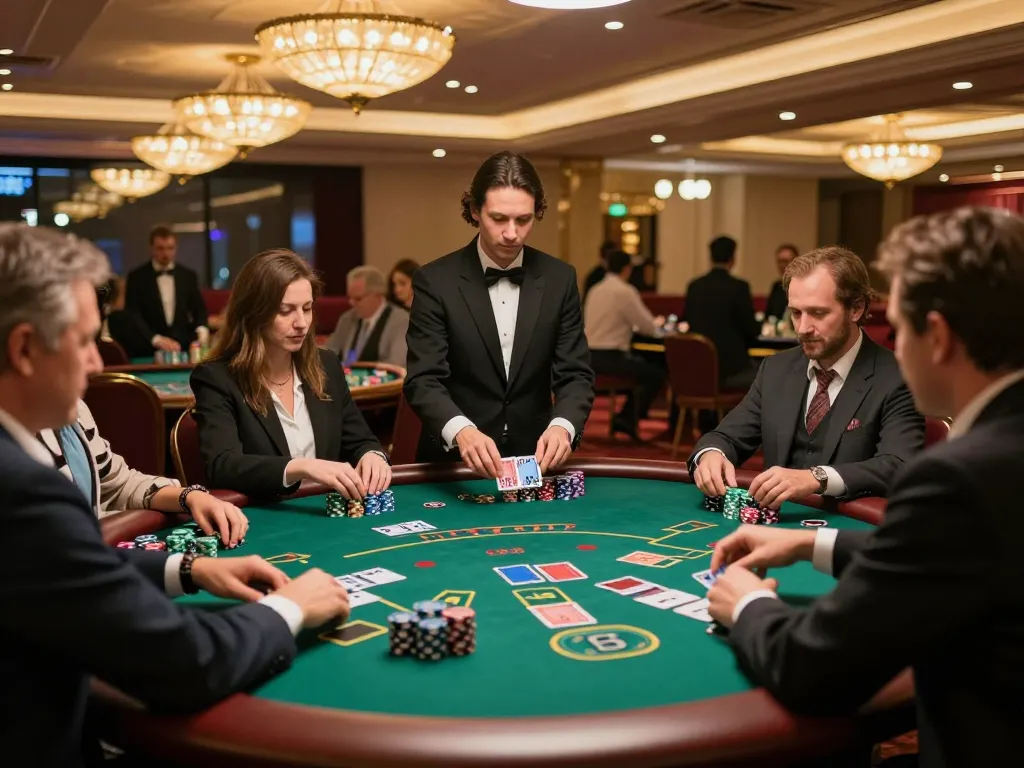 Experience the thrill of dh88a blackjack at an upscale casino, with players engaged and dealers at work.