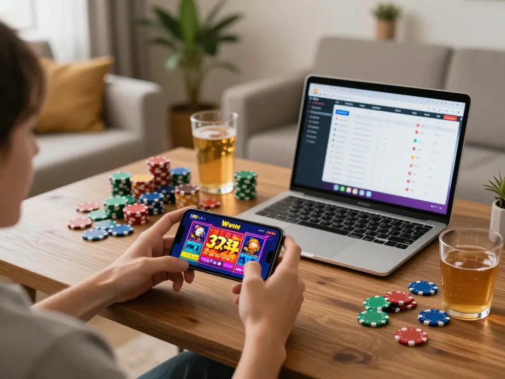 Mobile gaming on 33win app with vibrant interface in cozy home setup