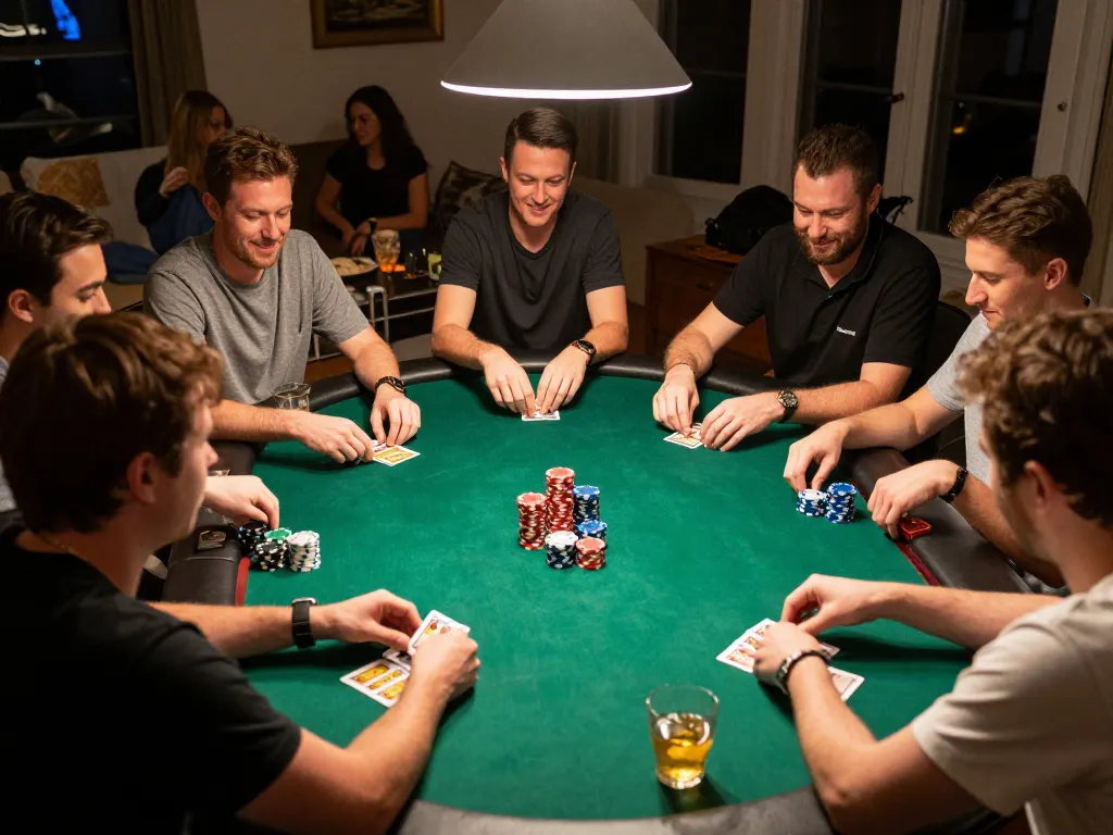 Action-packed poker game at home with players and chips showcasing 789Club gaming intensity.