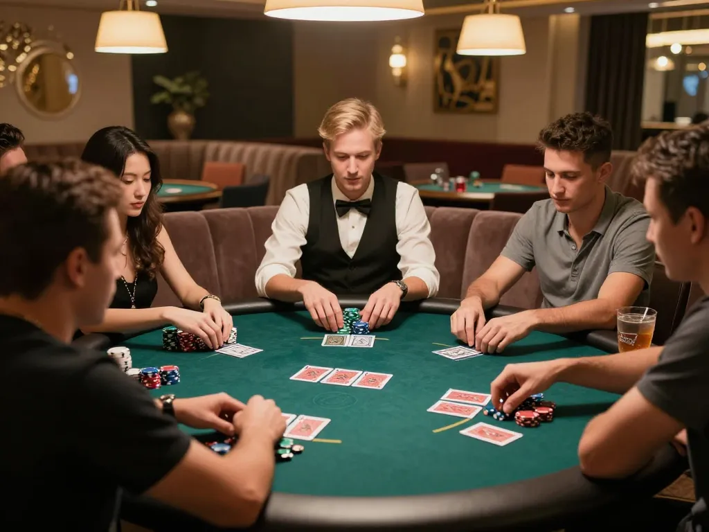 Dwin poker night with friends engaged in strategic gameplay, showcasing chips and cards in a cozy setting.