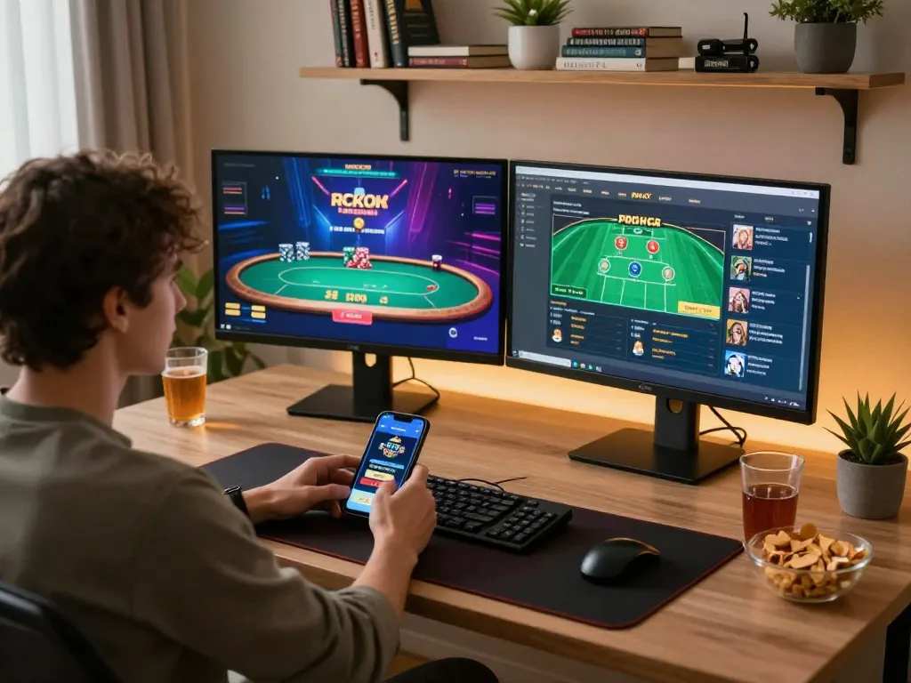 Engaging in online gambling at home using fc88 gaming platforms with multiple screens.