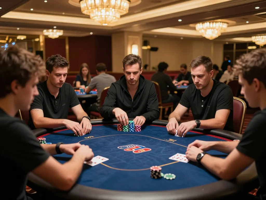 Sky88co players engaged in a high-stakes poker game, showcasing tension and excitement at a luxury casino table