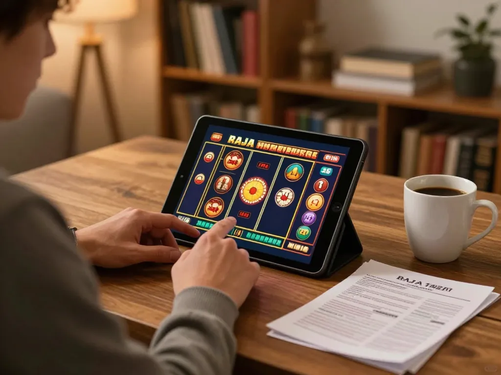 Pemain menikmati permainan raja slot di tablet di rumah, dengan catatan strategis dan pencahayaan hangat.