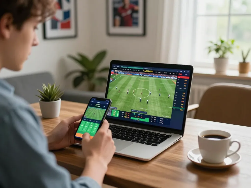 Person engaging in nhandinhkeonhacai sports betting analysis at home with laptop and smartphone in view.