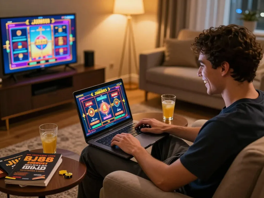 Bj88 player engaging with online slots on laptop in a cozy living room