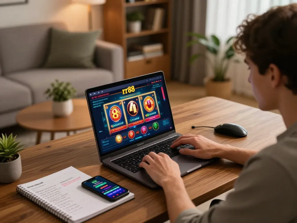 Person plays rr88 online casino on laptop, highlighting gaming strategies and vibrant interface.