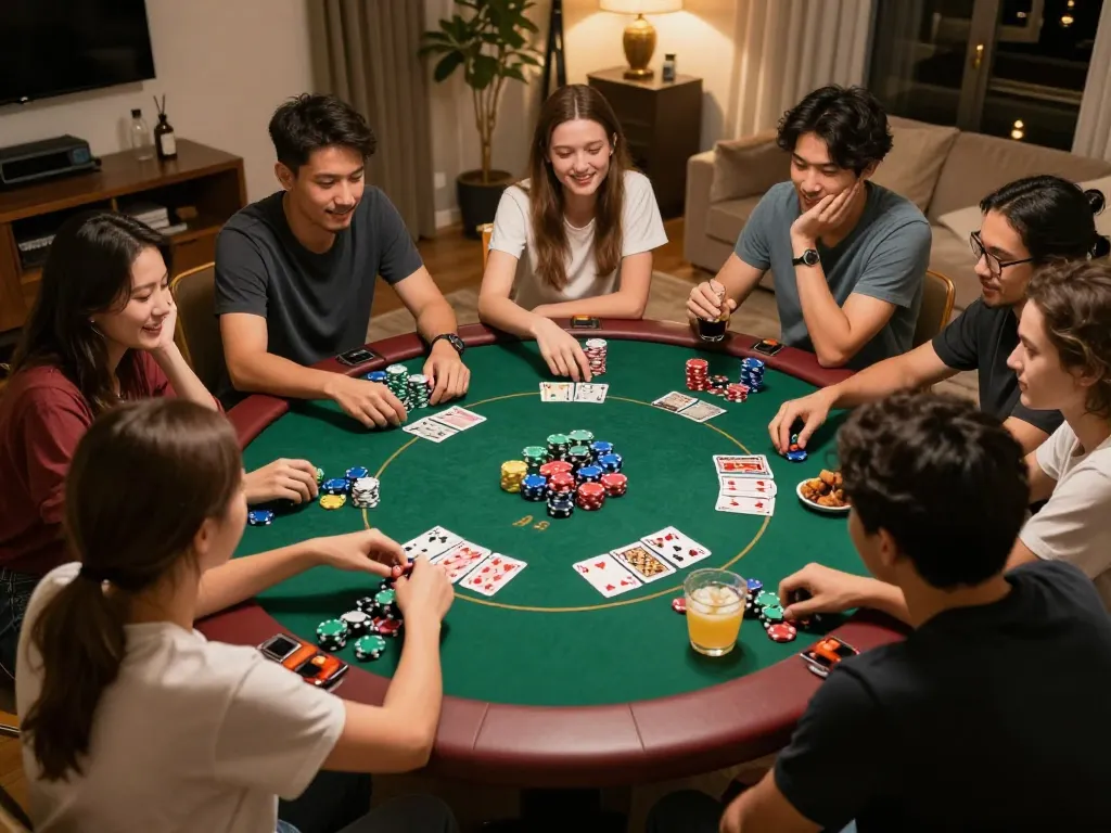 Friends enjoying an engaging poker night, showcasing 68win strategies and friendly competition.