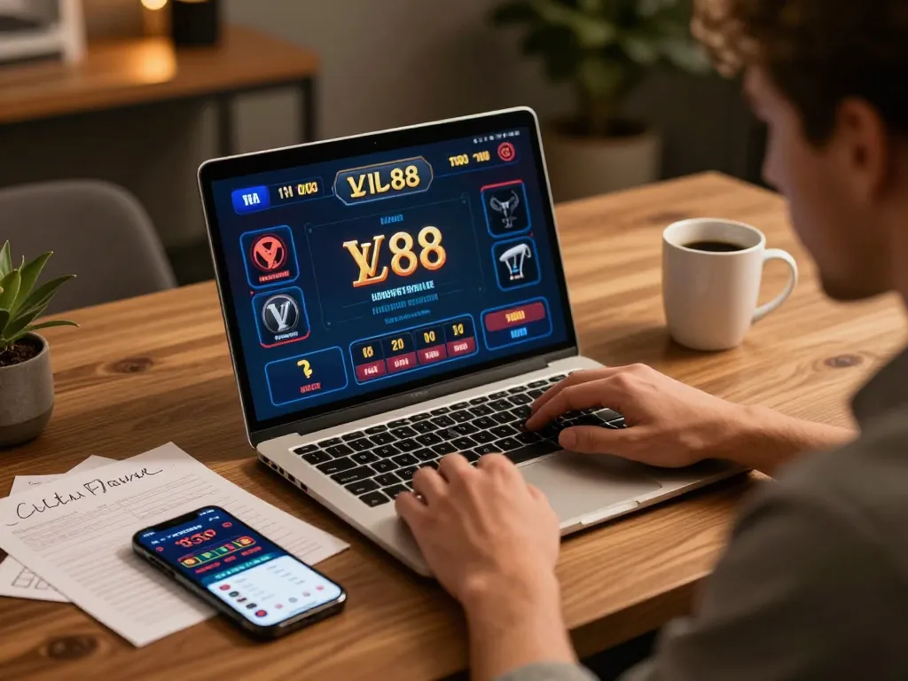 Player engaging at LV88 online casino on a laptop while reviewing betting strategy notes.