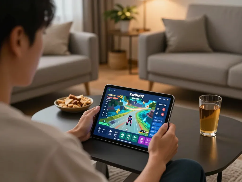 Xocdia88 app displayed on a tablet while a person enjoys online gambling at home in a cozy setting.