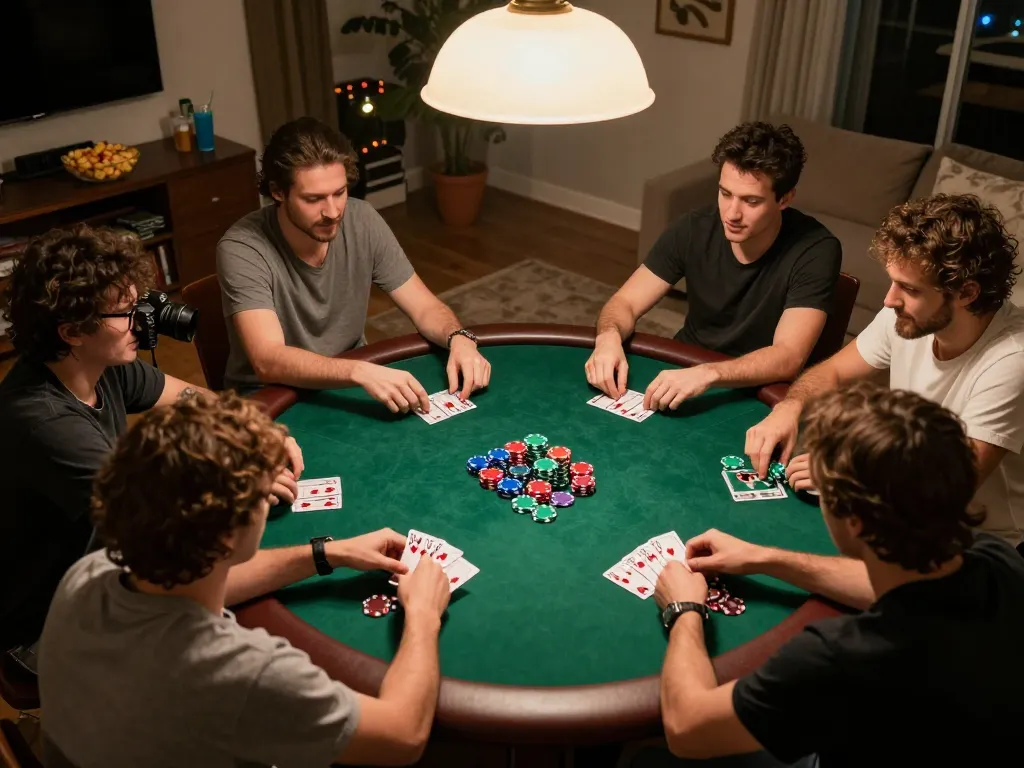 Friends enjoying an exciting poker game at home while playing BET168