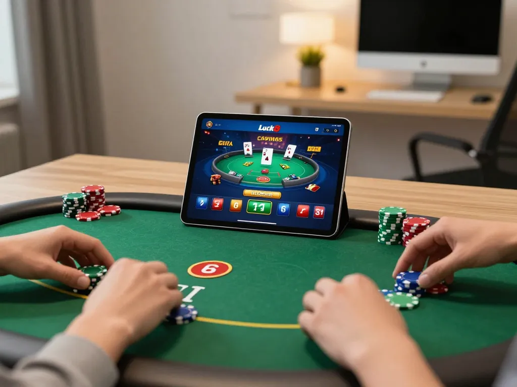 Engaging scene of online gambling with luck8 app being used for poker gameplay, highlighting responsible gaming.