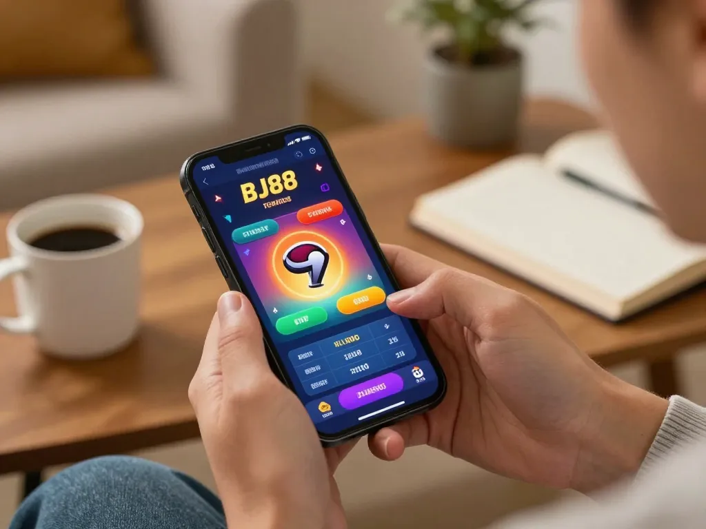BJ88 mobile gaming experience with user actively betting on smartphone in a cozy home setting