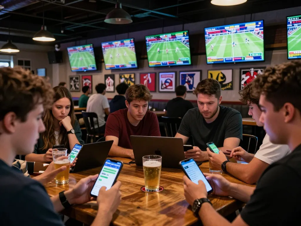 MM88 users actively engaging with betting apps in a lively sports bar atmosphere.