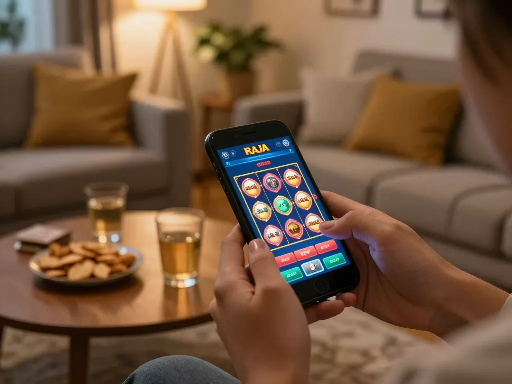 Player exploring raja slot games on smartphone amidst cozy home environment with snacks