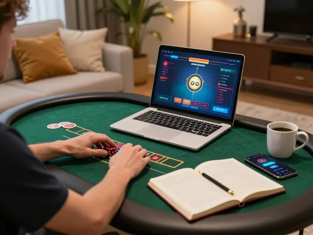 Zowin player excitedly betting on online poker game in a cozy living room setting, showcasing strategic engagement.