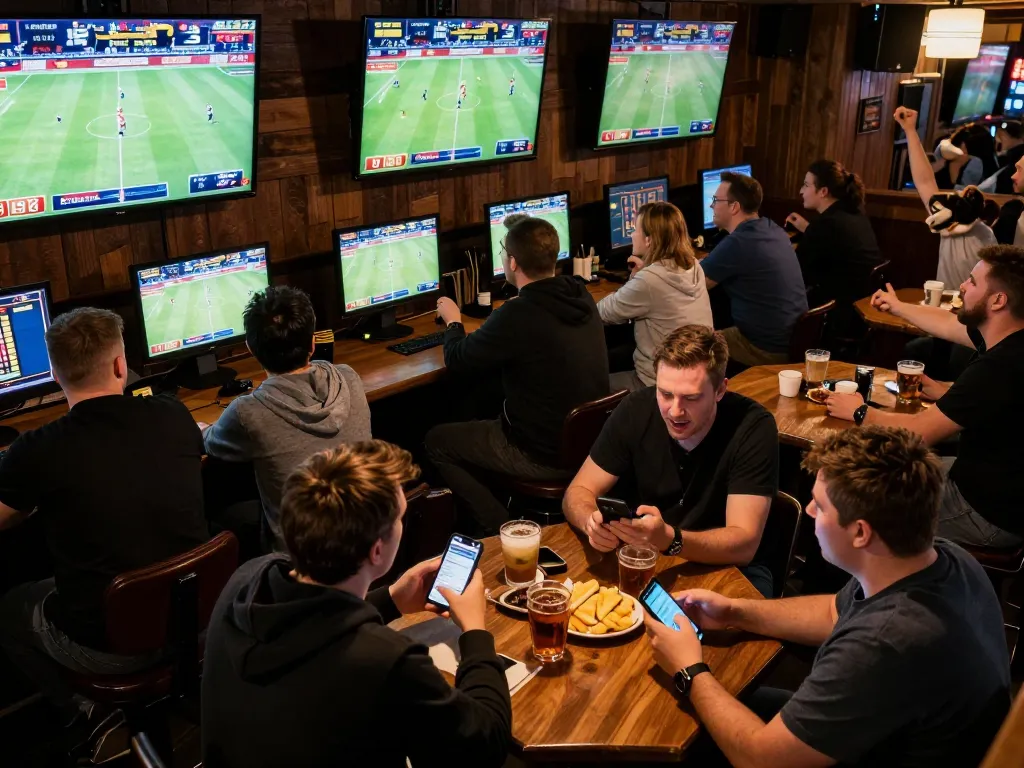 Engaged sports fans betting on okwin app during a live game at a sports bar, showcasing excitement and responsible wagering.