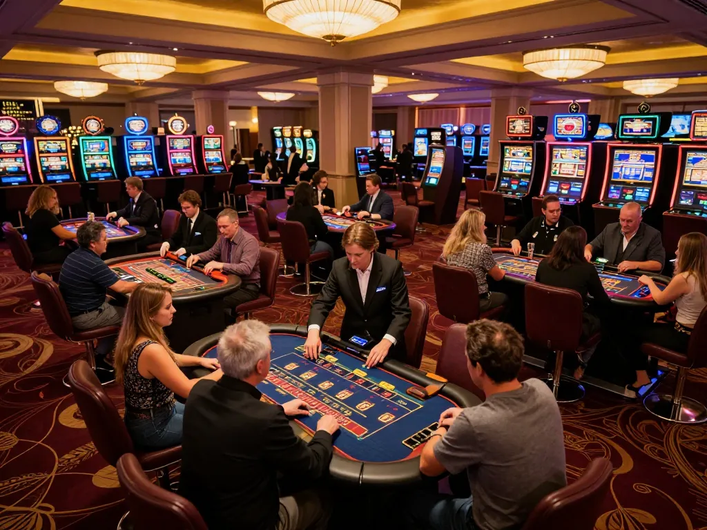 Gamblers placing bets at HUBET's vibrant casino tables amidst lively atmosphere.