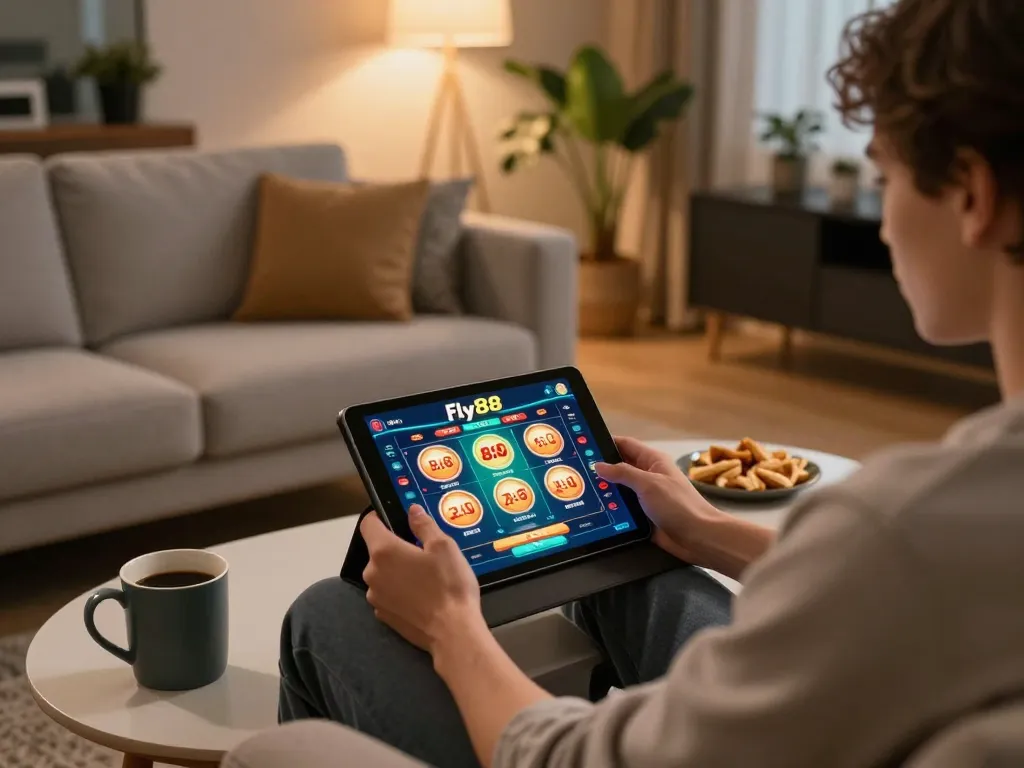Engaging in online gambling with the fly88 app in a cozy home setting.